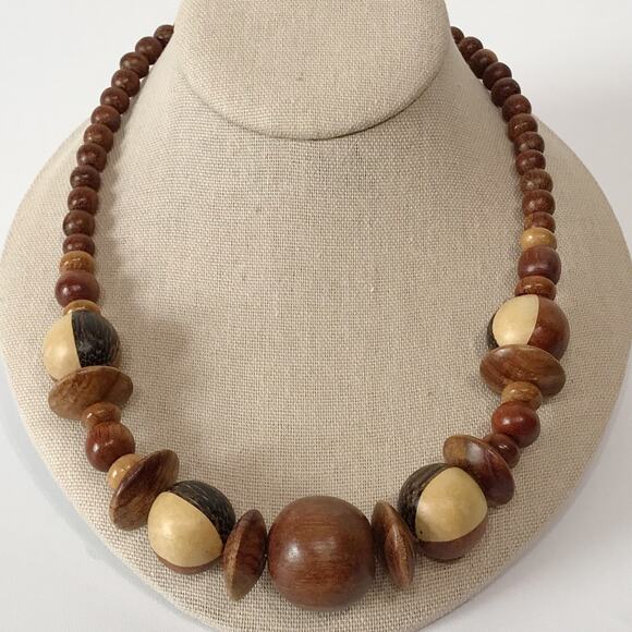 Vintage Chunky Turned Wooden Beaded Barrel Clasp Necklace Tribal Boho Modernist - Picture 1 of 14
